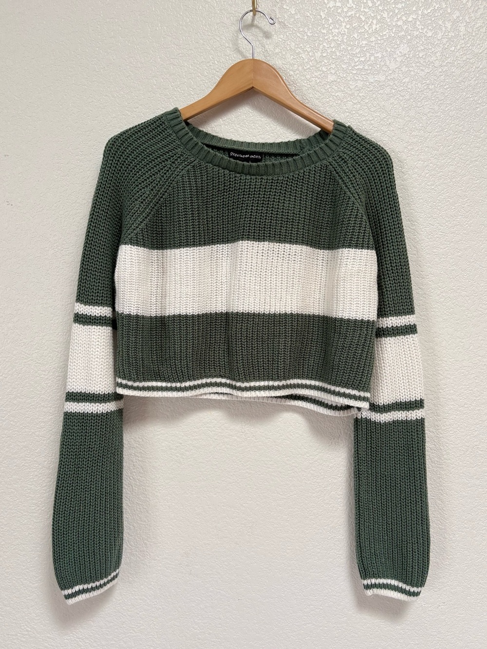 Streetwear Society Green and White Striped Cropped Crew Sweater